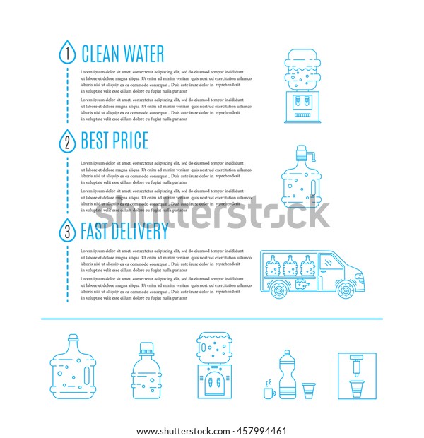 Vector infographic with  line icons and signs for\
identity for  water delivery service. Clean water, best price, fast\
delivery.Water bottle, water cooler, water delivery car and place\
for text. 