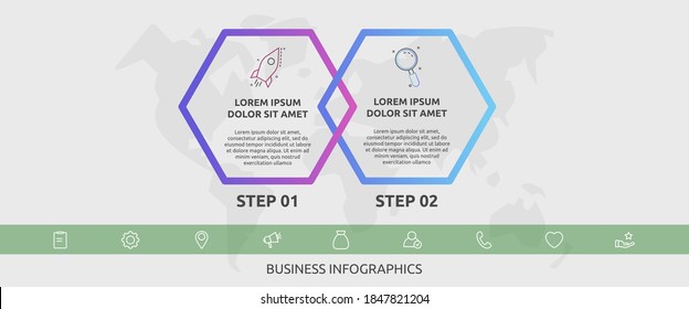 Vector infographic line template hexagons for 2 icons, diagram, graph, presentation. Business concept with two steps. For content, flowchart, timeline, workflow, banner, workflow, banner, chart