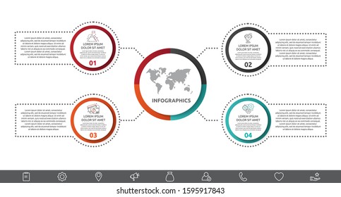 Vector infographic with main circle and 4 labels. Circles with icons for four diagrams, graph, flowchart, timeline, marketing, presentation. Creative business concept