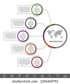 Vector infographic with main circle and 5 labels. Circles with icons for five diagrams, graph, flowchart, timeline, marketing, presentation. Creative business concept