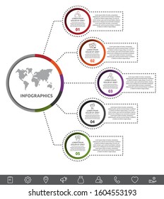 Vector infographic with main circle and 5 labels. Circles with icons for five diagrams, graph, flowchart, timeline, marketing, presentation. Creative business concept