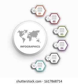 Vector infographic with main circles and 6 small hexagons. Used for five diagrams, graph, flowchart, timeline, marketing, presentation. Creative business concept