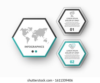 Vector infographic with main hexagon and 2 small hexagons. Used for two diagrams, graph, flowchart, timeline, marketing, presentation. Creative business concept