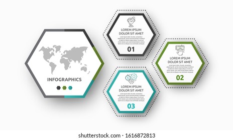 Vector infographic with main hexagon and 3 small hexagons. Used for three diagrams, graph, flowchart, timeline, marketing, presentation. Creative business concept