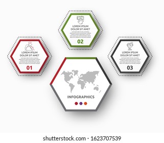 Vector infographic with main hexagon and 3 small hexagons. Used for three diagrams, graph, flowchart, timeline, marketing, presentation. Creative business concept