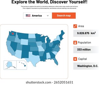 Vector infographic map of the United States with state boundaries, capital Washington D.C., and data on population and area in a clean, colorful flat design for education or presentations.