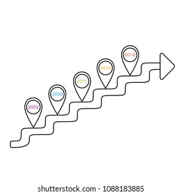 Vector infographic milestones timeline outline arrow like stairs or rungs template in minimalistic style with pointers.