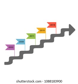 Vector infographic milestones timeline solid arrow like stair or rungs template in minimalistic style with pointers like flags or checkbox.