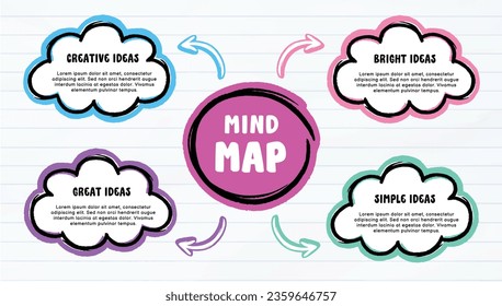 Infografía vectorial para la plantilla de visualización de mapas mentales con círculos coloridos y varios iconos