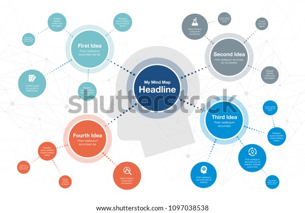 Vector infographic\
for mind map visualization template with colorful circles and\
several icons, isolated on light background. Easy to use for your\
website or\
presentation.
