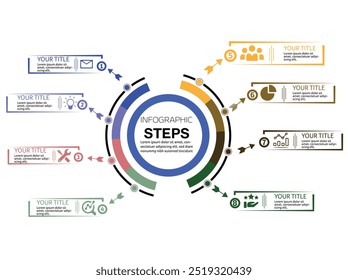 Vector Infographic modern style for presentation, start-up project, business strategy 8 options or steps.