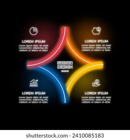 Vector Infographic neon light design template with icons and 4 options or steps. Can be used for process diagram, presentations, workflow layout, banner, flow chart, info graph.