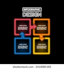 Vector Infographic neon light design template with icons and 4 options or steps. Can be used for process diagram, presentations, workflow layout, banner, flow chart, info graph.
