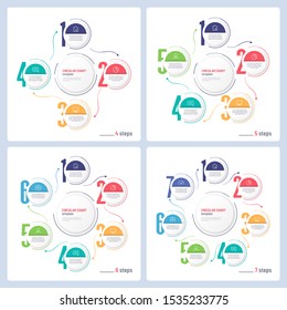 Vector infographic numbered process circular chart templates. 4 5 6 7 steps.