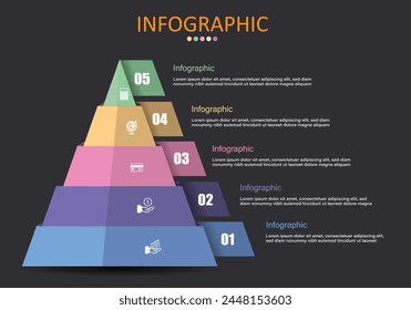 Vector infographic on black gray background. Triangles arranged with 5 layers of ribbons to present plans, reports, workflows, achievements in finance, banking and education.