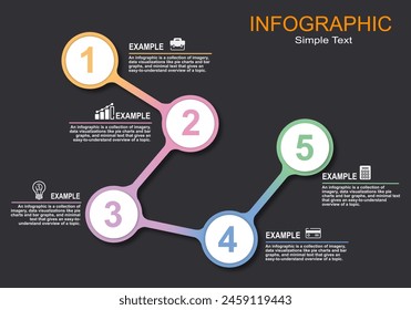 Vector infographic on a dark gray background with continuous semicircles and arrows to show details. There are 5 steps to present planning, education, finance, management.