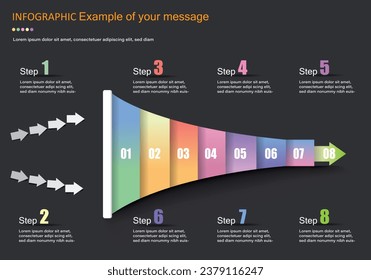 Vector infographic on gray-black background, trumpet shape with input arrows, divided into 7 sections and next sections to present education, finance, management, planning, timeline or steps.