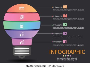 Infografía vectorial sobre fondo gris-negro, bombillas con 5 capas, 5 pasos o secuencias en el trabajo, presentación de planos como ideas, ideas creativas para ayudar con presentaciones para la comprensión.