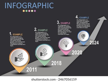 Vector infographic on a gray-black background with gray paths with upward arrows, pins showing the location of timelines, steps for educational presentations, management, financial planning, banking.