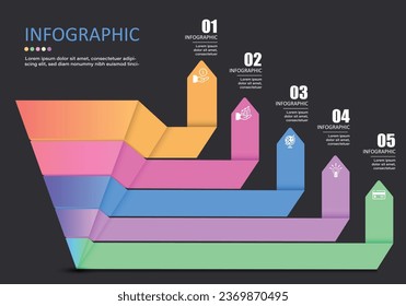 Vector infographic on a gray-black background,inverted triangles divided into 5 layers,with 5 directional arrows showing 5 numbers, steps for presentations in education,finance,banking and management.