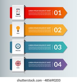 Vector infographic options banner with 4 arrows, steps, parts. Can be used for workflow layout, diagram, chart, report, presentation, web design.