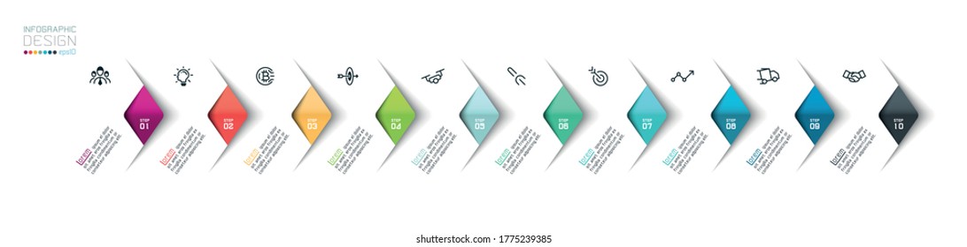 Vector Infographic overlapping arrows placed in horizontal row. with  10 options infographics for business concept.