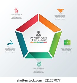 Vector infographic pentagon design template. Business concept with 5 options, parts, steps or processes. Can be used for workflow layout, diagram, number options, web design. Data visualization.