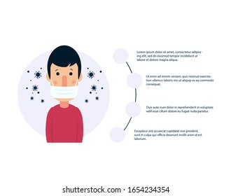 Vector infographic with people in virus mask. Virus in China. Wuhan corona virus illustration. Medical illustration with microbe