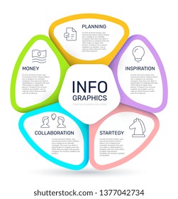 Vector infographic pie chart template with 5 steps, parts, options, sectors, stages with business icons on white background. Line art style design with text and title for web, site, banner, report