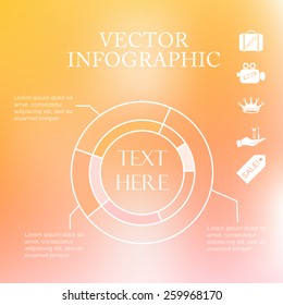 Vector infographic pie charts over colorful blurred unfocused bokeh background
