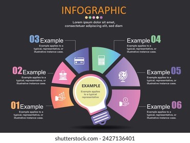 Vector infographic placed on a black gray background.Light bulb in the center and a circular text box around 6 steps, 6 modern style ideas for presenting plans easily and more understandably.
