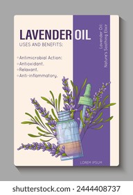 Vector infographic poster. Illustration of glass bottle of essential oil, dropper, lavender plant. Information card background design. Cosmetic, perfumery and aromatherapy concept.