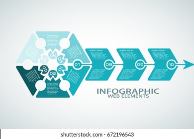 Vector infographic poster of turquoise shapes with text on the gradient gray background.