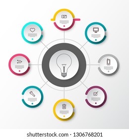 Vector Infographic Presentation Concept with Paper Cut Circles and Light Bulb in the Middle. Data Flow Chart. Web Page Layout with Technology Icons. Eight Steps Infographics.