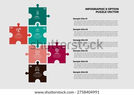 Vector infographic puzzle 6 step option for business presentations and visual communication. Infographic 6 puzzle. Vector illustration editable.