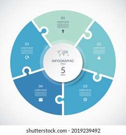 Plantilla circular de rompecabezas de infografía vectorial. Diagrama de ciclo con 5 partes, opciones. Se puede utilizar para gráficos, gráficos, informes, presentaciones, diseño web.