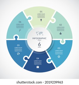 Plantilla circular de rompecabezas de infografía vectorial. Diagrama de ciclo con 6 partes, opciones. Se puede utilizar para gráficos, gráficos, informes, presentaciones, diseño web.