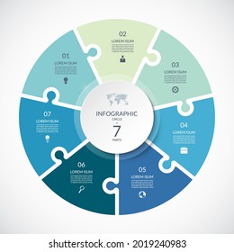 Vector infographic puzzle circular template. Cycle diagram with 7 parts, options. Can be used for chart, graph, report, presentation, web design.