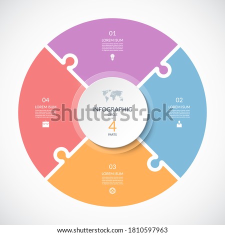 Vector infographic puzzle circular template. Cycle diagram with 4 parts, options. Can be used for chart, graph, report, presentation, web design.