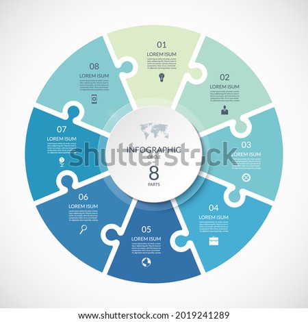 Vector infographic puzzle circular template. Cycle diagram with 8 parts, options. Can be used for chart, graph, report, presentation, web design.