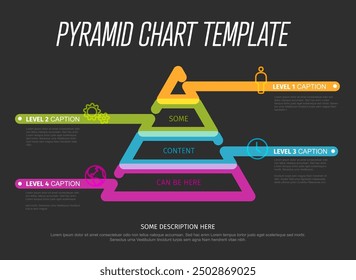 Vector Infographic Pyramid chart diagram template made from thick color rainbow lines with icons, titles and short description. Pyramid infographic template with four elements on black background