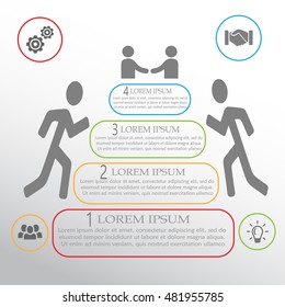 Vector infographic pyramid template. Business success concept banner. Businessmen going up the stairs with icons. Handshake.