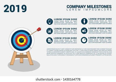 Vector Infographic report template made from icons with circle target.Vector Infographic Company Milestones.
