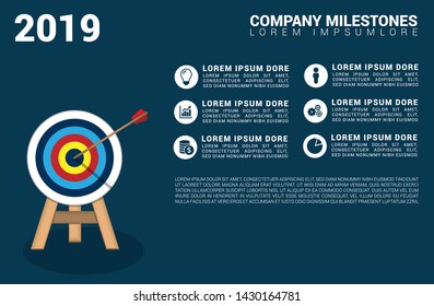 Vector Infographic report template made from icons with circle target.Vector Infographic Company Milestones.