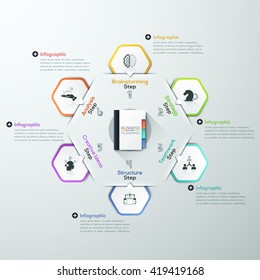 Vector Infographic report template made from paper rectangles, flat book and icons. Can be used for web design, brochure, presentations and workflow layout