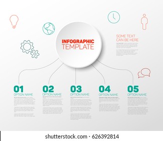 Vector Infographic report template for six steps, made from red and teal lines with big circle and icons