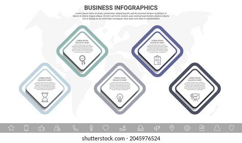 Vektorgrafik-Rhombus. Geschäftskonzept von 5 Optionen und Plätzen. Zeitstrahl-Schritt-Vorlage mit fünf Etiketten für Diagramm, Web, Banner, Ablaufdiagramm, Inhalt, Ebenen, Diagramm, Grafik
