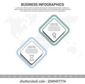 Rhombus de infografía vectorial. Concepto de negocio de 2 opciones y cuadrados. Plantilla de línea de tiempo paso a paso con dos etiquetas para diagrama, web, banner, presentaciones, contenido, niveles, gráfico, gráfico