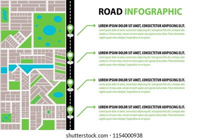 Vector Infographic with a road from a Perspective city map with markers, pin in a map