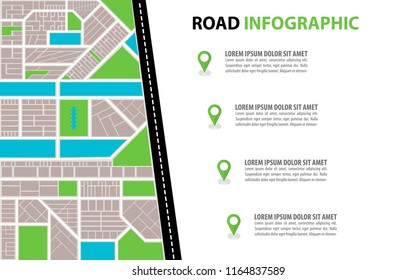 Vector Infographic with a road from a Perspective city map with markers, pin in a map